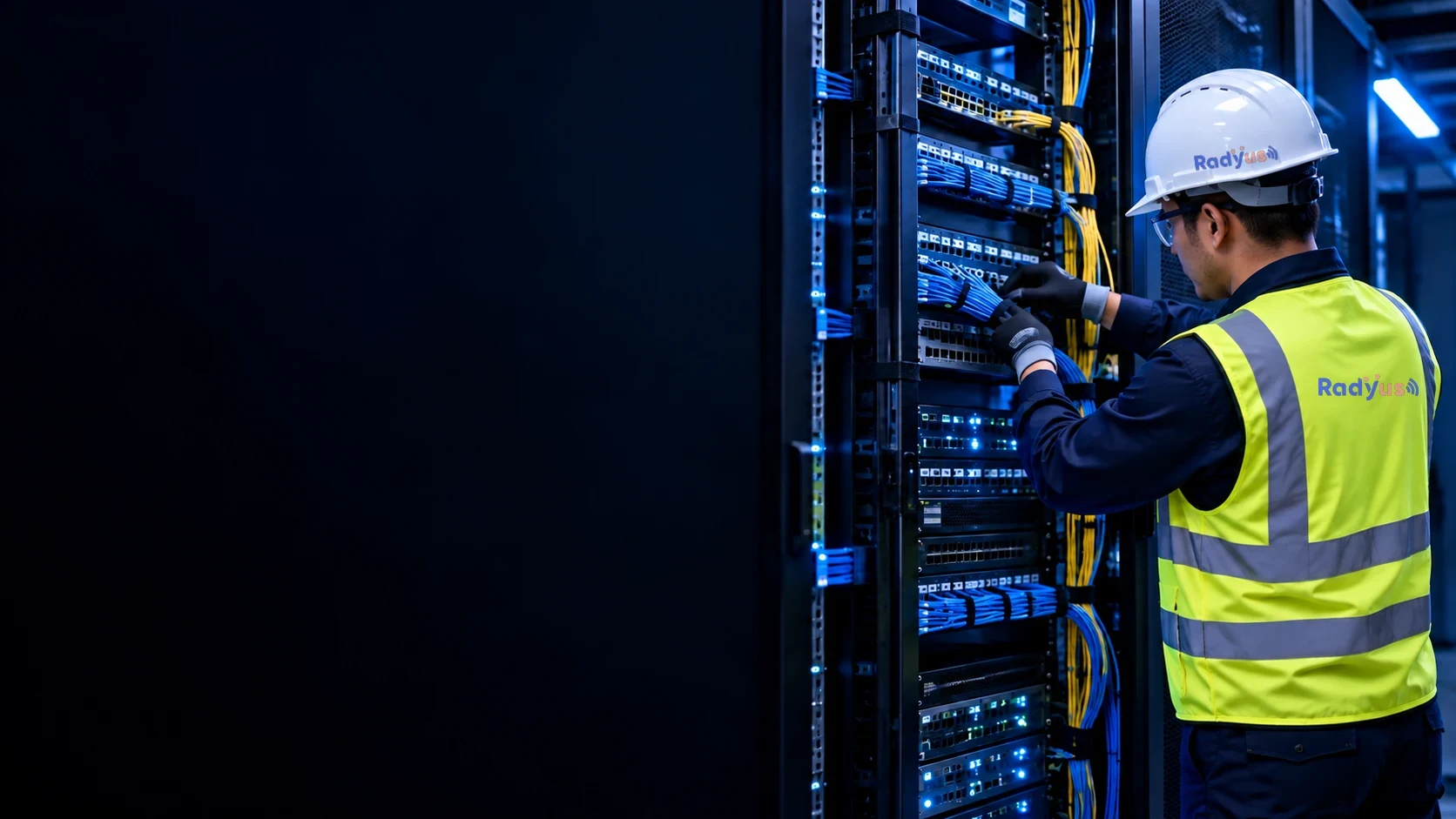 Rack de telecomunicaciones con paneles de parcheo etiquetados, organizadores Panduit y enlaces de fibra óptica