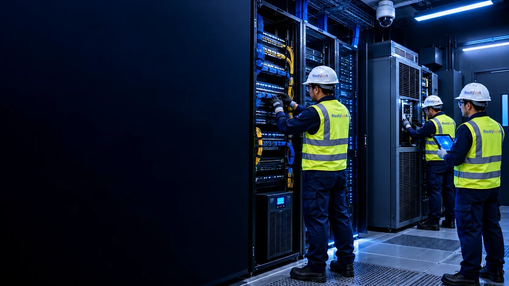 Técnico trabajando en un rack de centro de datos