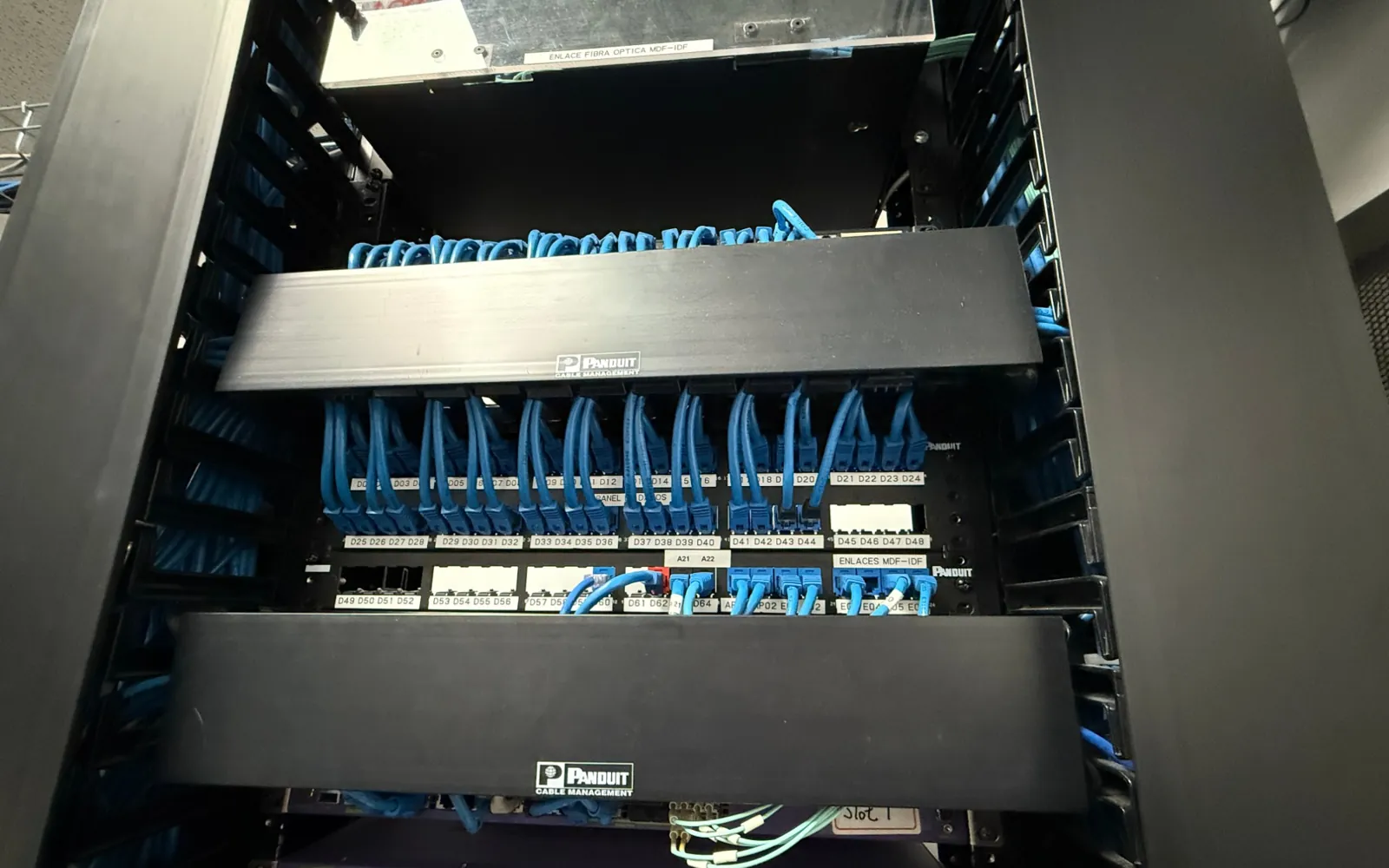 Rack de telecomunicaciones con paneles de parcheo etiquetados, organizadores Panduit y enlaces de fibra óptica